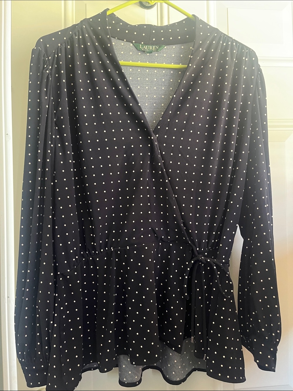 Lauren Ralph Lauren Black Polka Dot Wrap Blouse size L